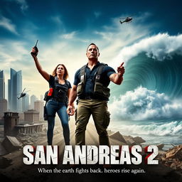 A dynamic movie poster concept for 'San Andreas 2' (2023) titled 'Aftershocks'