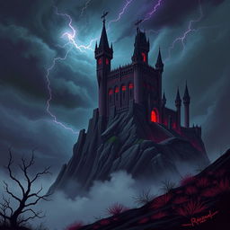 A stunning 2D illustration of a towering castle belonging to a demon king, perched on a rocky cliff under a stormy sky