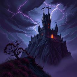 A stunning 2D illustration of a towering castle belonging to a demon king, perched on a rocky cliff under a stormy sky