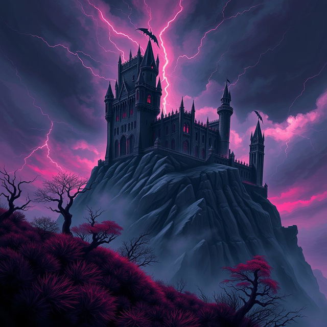 A stunning 2D illustration of a towering castle belonging to a demon king, perched on a rocky cliff under a stormy sky