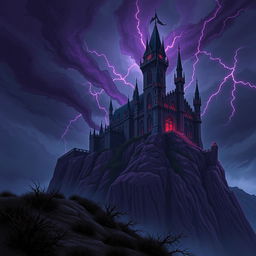 A stunning 2D illustration of a towering castle belonging to a demon king, perched on a rocky cliff under a stormy sky