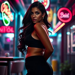 A voluptuous woman with an attractive curvy figure, wearing form-fitting clothing that accentuates her curves