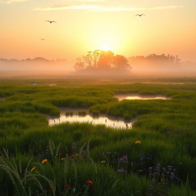 A breathtaking landscape of marshlands, featuring a lush, vibrant tapestry of different shades of green with wild grasses and colorful wildflowers