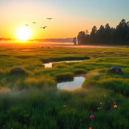 A breathtaking landscape of marshlands, featuring a lush, vibrant tapestry of different shades of green with wild grasses and colorful wildflowers
