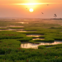A breathtaking landscape of marshlands, featuring a lush, vibrant tapestry of different shades of green with wild grasses and colorful wildflowers