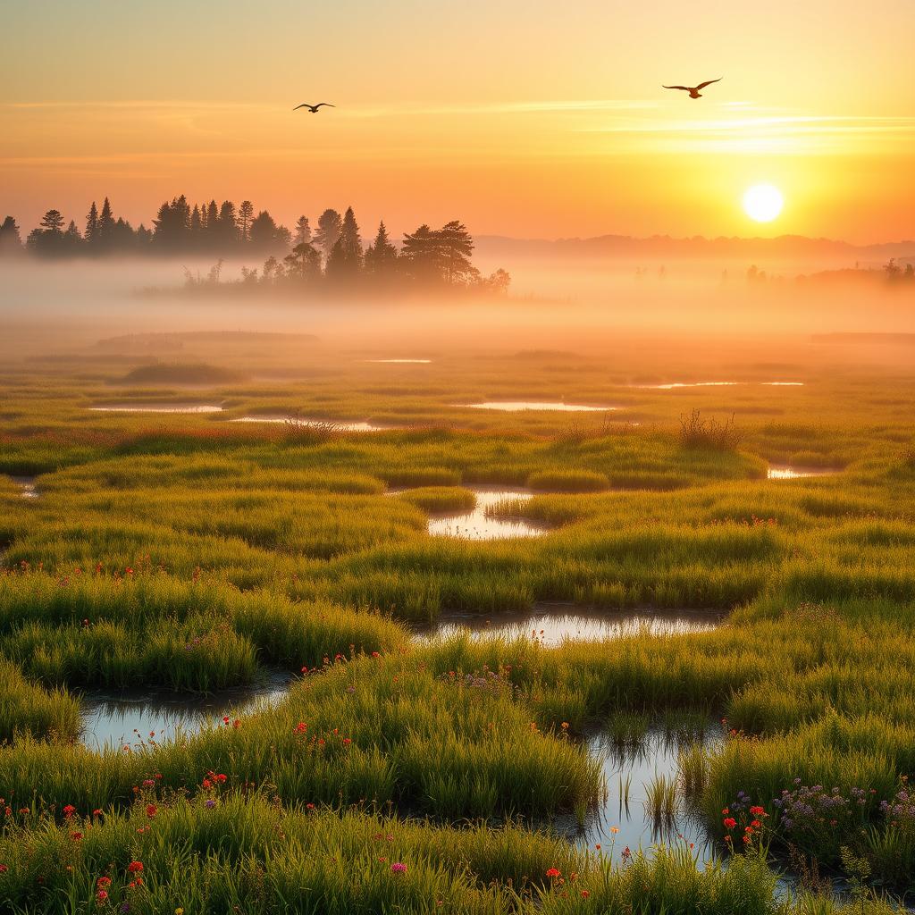 A breathtaking landscape of marshlands, featuring a lush, vibrant tapestry of different shades of green with wild grasses and colorful wildflowers