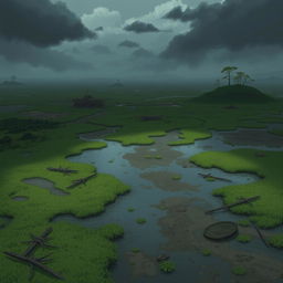 A dynamic 2D landscape of marshlands designed for a battlefield setting in a game
