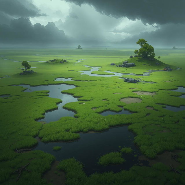 A dynamic 2D landscape of marshlands designed for a battlefield setting in a game