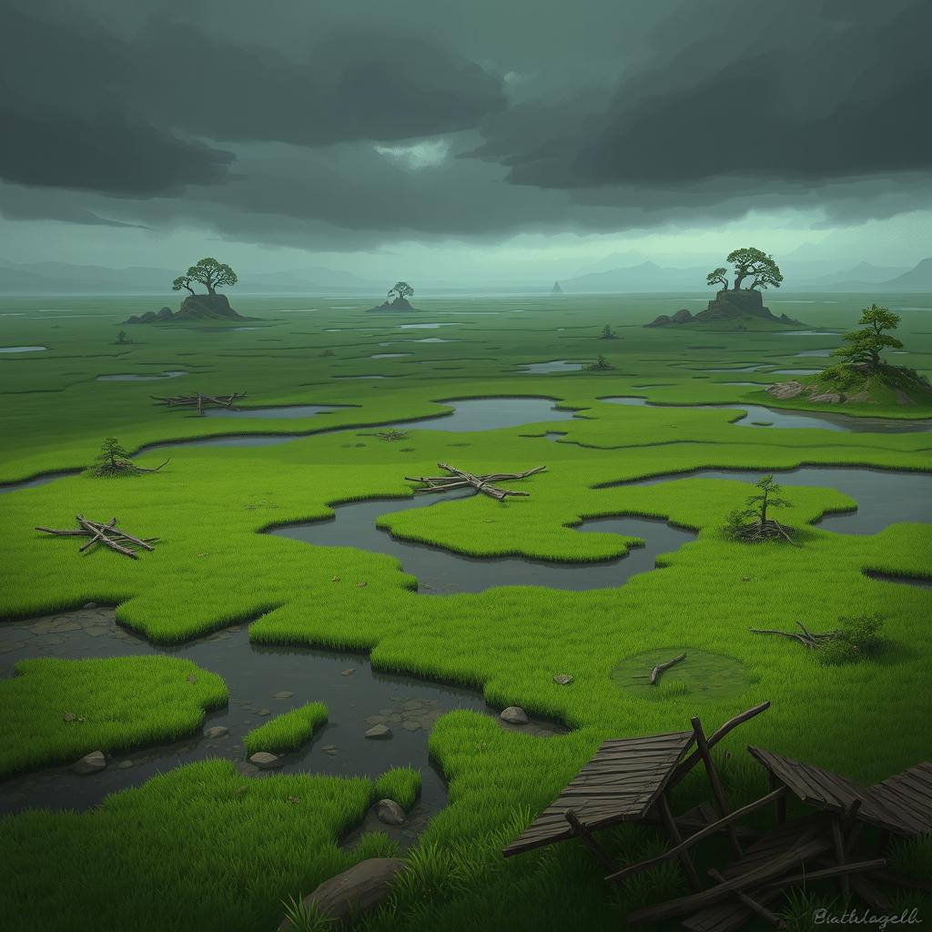 A dynamic 2D landscape of marshlands designed for a battlefield setting in a game