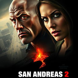 An intense movie poster for 'San Andreas 2' (2023), focusing on a close-up of the determined faces of Dwayne Johnson as Ray and Alexandra Daddario as Blake, both dirt-streaked, embodying resilience and courage as they gaze ahead with fierce intensity