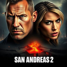 An intense movie poster for 'San Andreas 2' (2023), focusing on a close-up of the determined faces of Dwayne Johnson as Ray and Alexandra Daddario as Blake, both dirt-streaked, embodying resilience and courage as they gaze ahead with fierce intensity