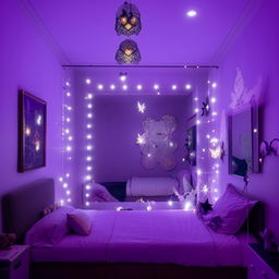 A modern room for an 18-year-old balancing tomboy and girly aesthetics, decorated in hues of purple, black, white, grey, and illuminated with fairy, moon, star lights. The room has influences from anime, kdrama, and Sanatan Dharma, with a butterfly mirror wall décor kept minimalist.