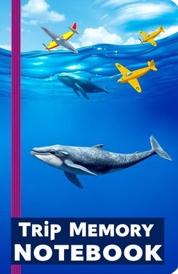 A beautiful cover design for a Trip Memory Notebook featuring majestic whales swimming gracefully in the ocean, juxtaposed with colorful airplanes soaring in the sky