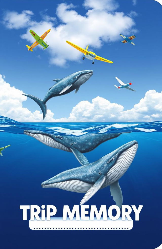 A beautiful cover design for a Trip Memory Notebook featuring majestic whales swimming gracefully in the ocean, juxtaposed with colorful airplanes soaring in the sky