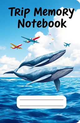 A beautiful cover design for a Trip Memory Notebook featuring majestic whales swimming gracefully in the ocean, juxtaposed with colorful airplanes soaring in the sky