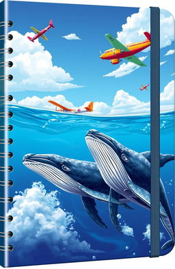 A beautiful cover design for a Trip Memory Notebook featuring majestic whales swimming gracefully in the ocean, juxtaposed with colorful airplanes soaring in the sky