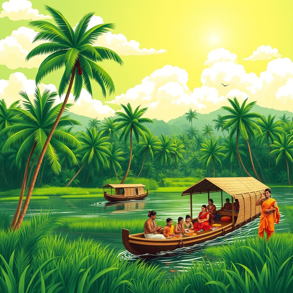 A vibrant and colorful depiction of a traditional Mallu (Malayali) cultural scene in Kerala, India