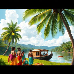 A vibrant and colorful depiction of a traditional Mallu (Malayali) cultural scene in Kerala, India