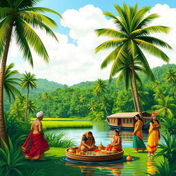 A vibrant and colorful depiction of a traditional Mallu (Malayali) cultural scene in Kerala, India
