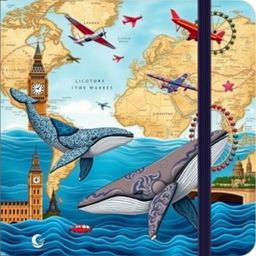 An enchanting cover design for a special Trip Memory Notebook that features majestic whales swimming in the ocean, colorful airplanes soaring in the sky, and a detailed world map in the background