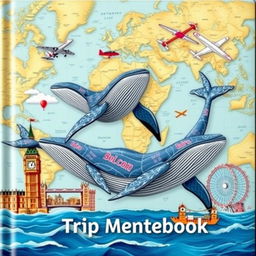 An enchanting cover design for a special Trip Memory Notebook that features majestic whales swimming in the ocean, colorful airplanes soaring in the sky, and a detailed world map in the background