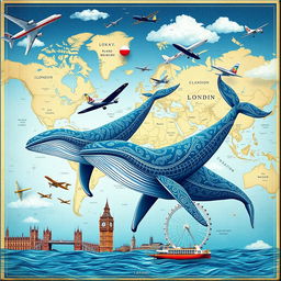 An enchanting cover design for a special Trip Memory Notebook that features majestic whales swimming in the ocean, colorful airplanes soaring in the sky, and a detailed world map in the background