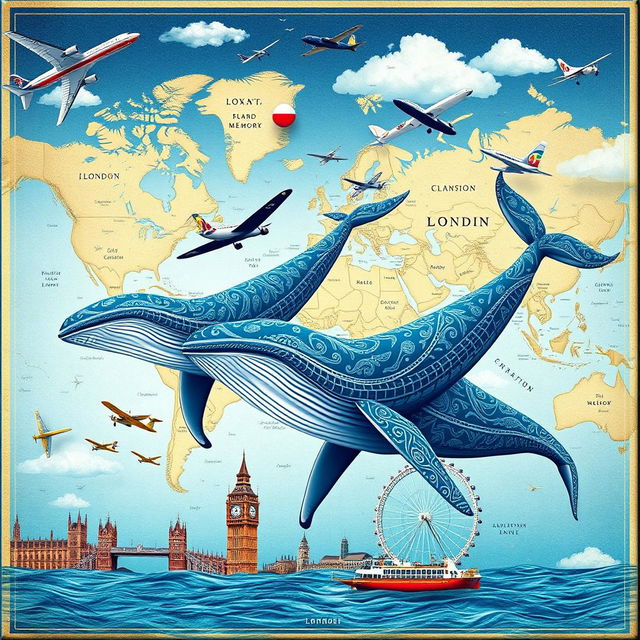 An enchanting cover design for a special Trip Memory Notebook that features majestic whales swimming in the ocean, colorful airplanes soaring in the sky, and a detailed world map in the background