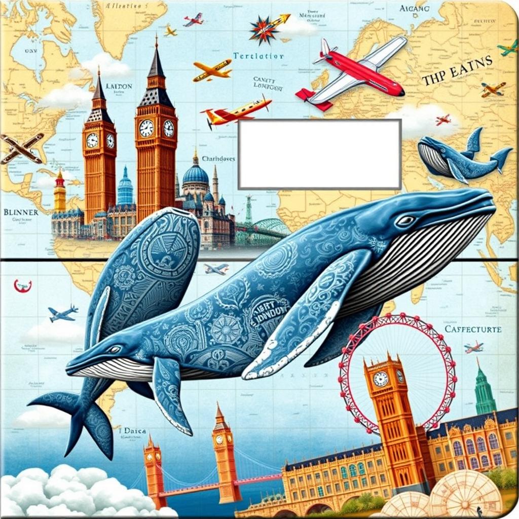 An enchanting cover design for a special Trip Memory Notebook that features majestic whales swimming in the ocean, colorful airplanes soaring in the sky, and a detailed world map in the background