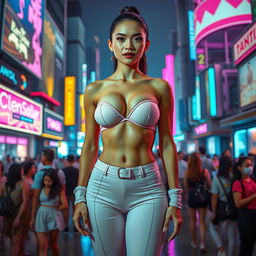 A striking and surreal image of a three-breasted woman standing in a vibrant futuristic cityscape