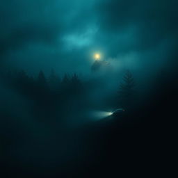 A haunting book cover design featuring a side aerial view of a car traversing through a dark, fog-enshrouded forest at night
