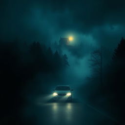 A haunting book cover design featuring a side aerial view of a car traversing through a dark, fog-enshrouded forest at night