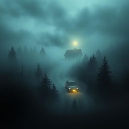 A haunting book cover design featuring a side aerial view of a car traversing through a dark, fog-enshrouded forest at night