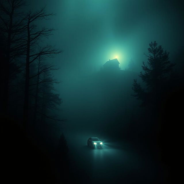 A haunting book cover design featuring a side aerial view of a car traversing through a dark, fog-enshrouded forest at night