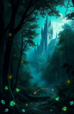 A magical cover picture for a fantasy book, featuring a dark and enchanting forest filled with ethereal light and shadow