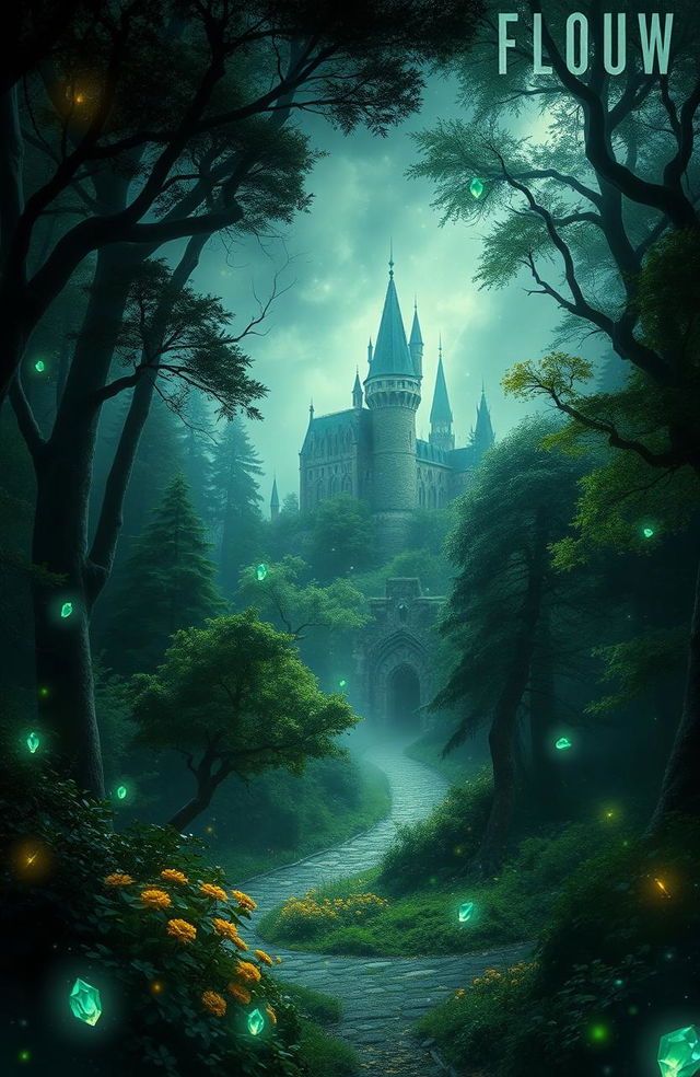 A magical cover picture for a fantasy book, featuring a dark and enchanting forest filled with ethereal light and shadow