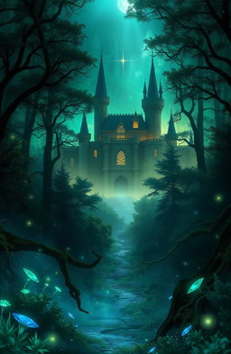 A magical cover picture for a fantasy book, featuring a dark and enchanting forest filled with ethereal light and shadow