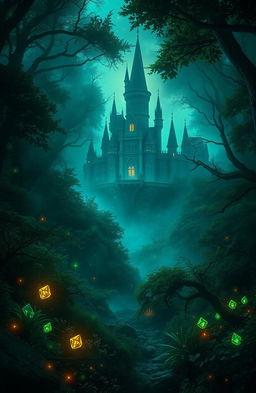 A magical cover picture for a fantasy book, featuring a dark and enchanting forest filled with ethereal light and shadow