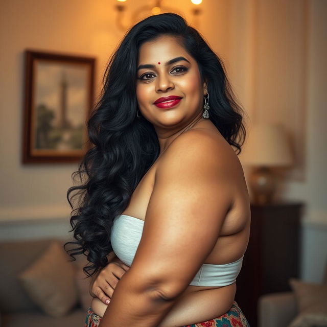 A confident Indian mature woman with an ample figure, embracing her natural beauty