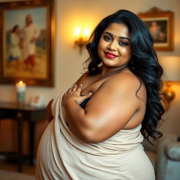 A confident Indian mature woman with an ample figure, embracing her natural beauty