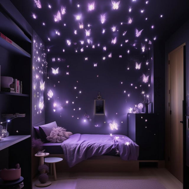 A modern room for an 18-year-old balancing tomboy and girly aesthetics, decorated in hues of purple, black, white, grey, and illuminated with fairy, moon, star lights. The room has influences from anime, kdrama, and Sanatan Dharma, with a butterfly mirror wall décor kept minimalist.