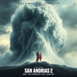 A dramatic movie poster for 'San Andreas 2', featuring a colossal, towering wave dominating the sky, creating an atmosphere of impending doom