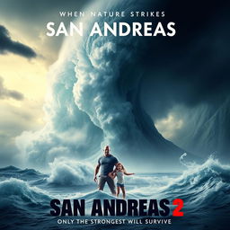 A dramatic movie poster for 'San Andreas 2', featuring a colossal, towering wave dominating the sky, creating an atmosphere of impending doom