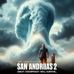 A dramatic movie poster for 'San Andreas 2', featuring a colossal, towering wave dominating the sky, creating an atmosphere of impending doom