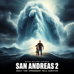 A dramatic movie poster for 'San Andreas 2', featuring a colossal, towering wave dominating the sky, creating an atmosphere of impending doom