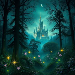 A captivating magical cover picture for a fantasy book, depicting a dark yet enchanting forest illuminated by soft, mystical light