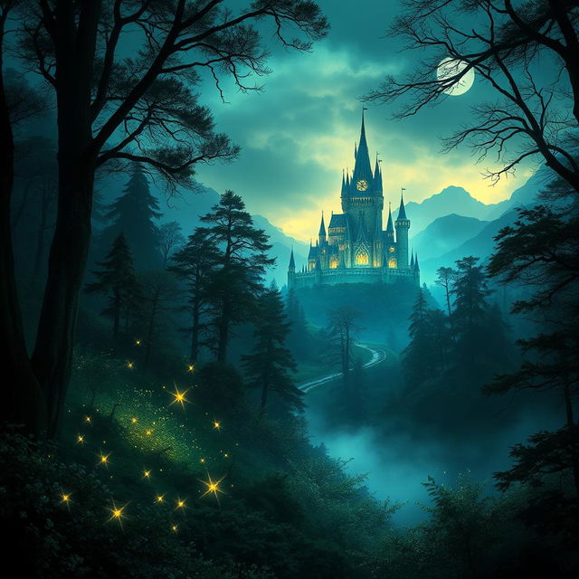 A captivating magical cover picture for a fantasy book, depicting a dark yet enchanting forest illuminated by soft, mystical light