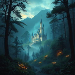 A captivating magical cover picture for a fantasy book, depicting a dark yet enchanting forest illuminated by soft, mystical light