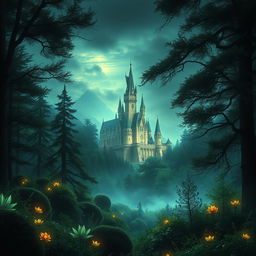 A captivating magical cover picture for a fantasy book, depicting a dark yet enchanting forest illuminated by soft, mystical light