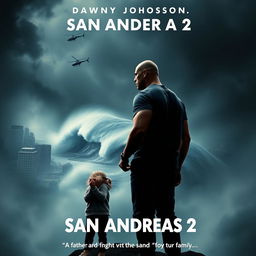 An intense movie poster for 'San Andreas 2', focusing on the emotional connection between two main characters, Dwayne Johnson and a little girl, who stand on the edge of a darkened cityscape, gazing towards an impending tsunami