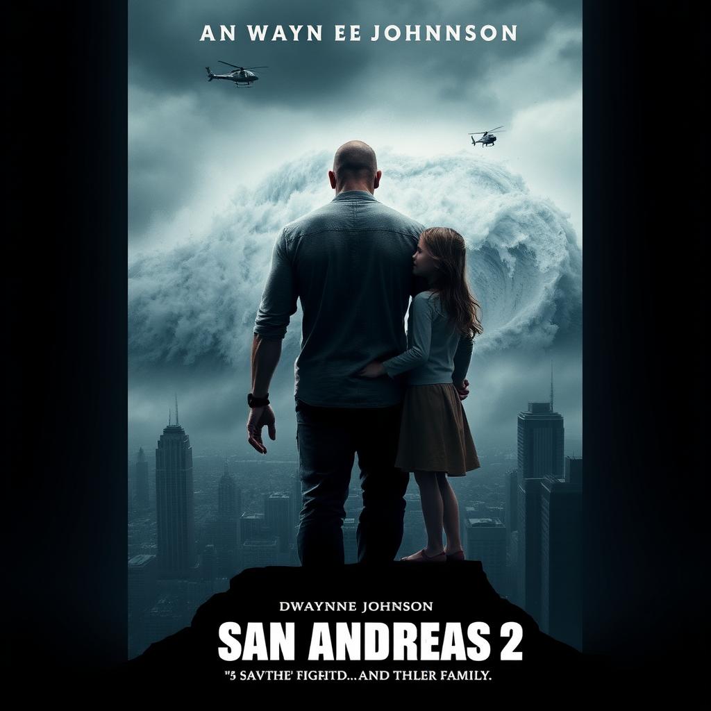 An intense movie poster for 'San Andreas 2', focusing on the emotional connection between two main characters, Dwayne Johnson and a little girl, who stand on the edge of a darkened cityscape, gazing towards an impending tsunami